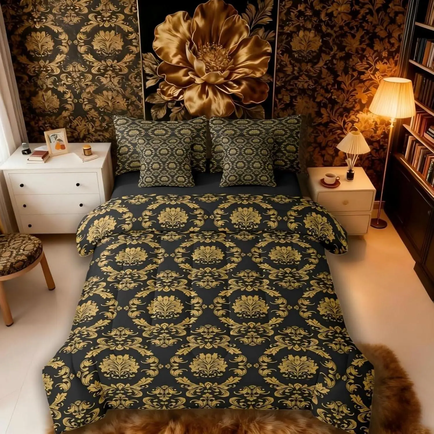Feelyou 7-Piece Damask Print Comforter Set - Multi-Size Bed-in-a-Bag with Sheets, Machine Washable Victorian Home Decor Bedding for Gothic Vintage Rooms, Multi-Size Beds