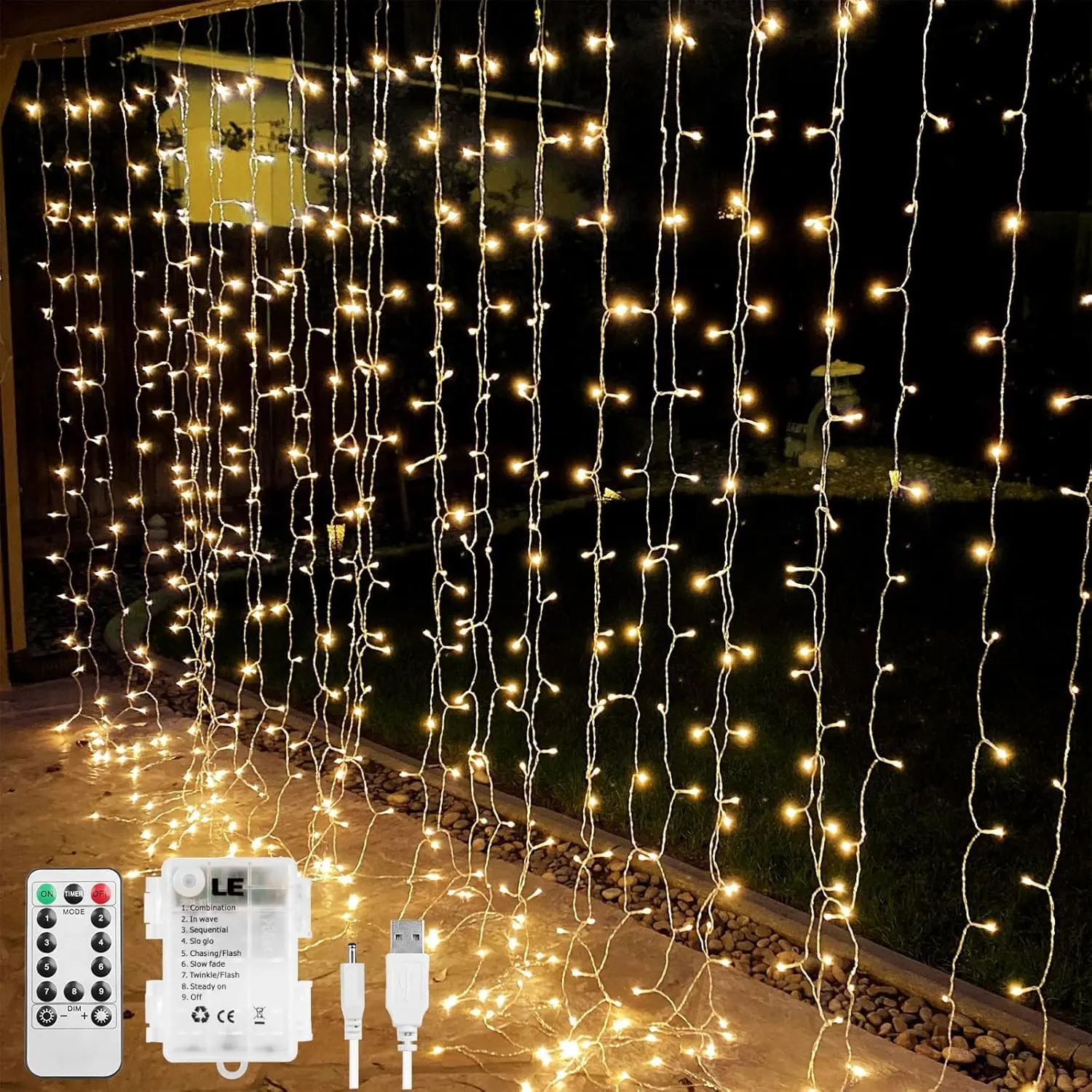 Lighting EVER Dimmable LED Fairy Curtain String Lights - 10x10 ft, 300 LEDs, Battery & USB Operated, Remote Timer, Outdoor Safe, Steady On Mode, Ages 12+, for Room Decor, Bedroom Use, Atmospheric Lighting