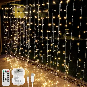 LE Fairy Curtain Lights Battery Operated & USB Plug in, Remote 10 x 10 ft Hanging String Lights for Bedroom Wall, 300 LED Indoor Outdoor Twinkle Lights for holiday Wedding Party Backdrop Tent, Patio, Gazebo
