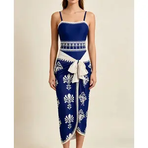 Plus Size Boho Navy Blue Floral One-Piece Swimsuit with Sarong Cover Up |   2-Piece Beach Outfit women's