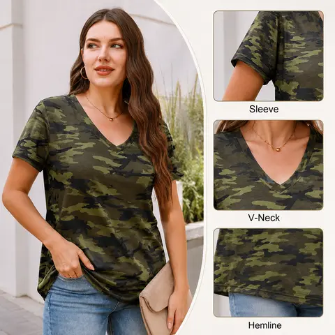 WIHOLL Women's 2026 Summer Lady Chic V-Neck Short Sleeve Blouse - Lightweight Print 09 Digital Top, 95% Poly 5% Spandex Soft Breathable, Easy Layering, Dressy Casual Travel-Ready Beach-to-Office Shirt