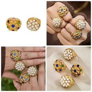 Vintage Gold Plated Pearl Statement Ring, Chunky Oversized Hypoallergenic Cocktail Ring for Women