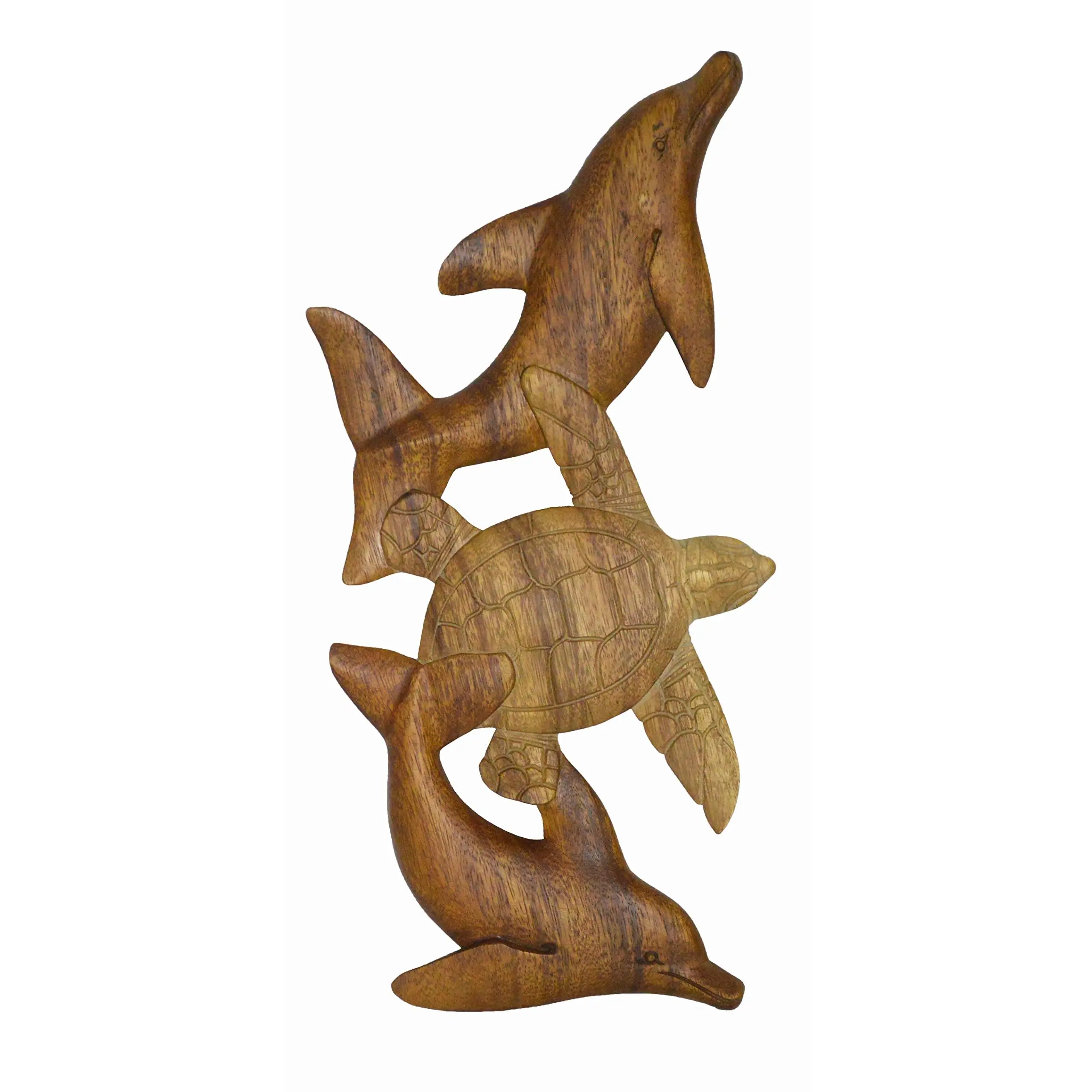 WorldBazzar HAND CARVED BEAUTIFUL WOOD TURTLE DOLPHIN WALL SCULPTURE PLAQUE, BROWN, LIGHT BROWN