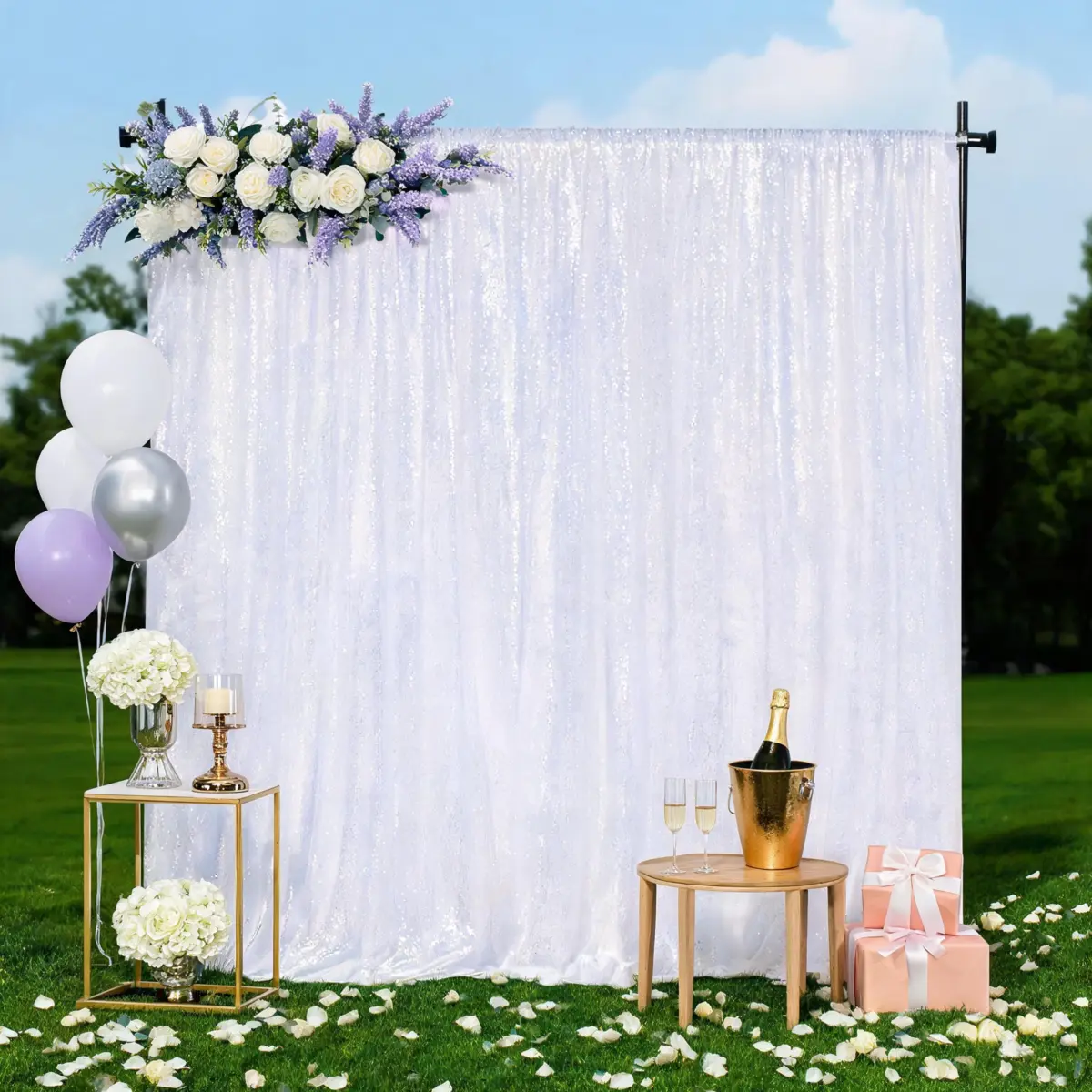 10x10ft White Round Sequins Polyester Backdrop, Single-Piece Backdrop Decor for Multiple Events - Halloween, Romantic Reception, Festive Party Supplies