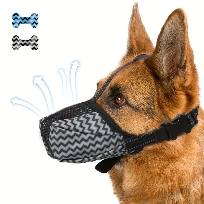 1-Piece Multi-Size Reflective Dog Muzzle Bite Guard with Reflective Strips - Blue & Black Breathable Nylon Mesh, Safety Strap - Training & Behavior Aid for Small to Large Dogs (Prevents Biting, Barking, Chewing, Licking)