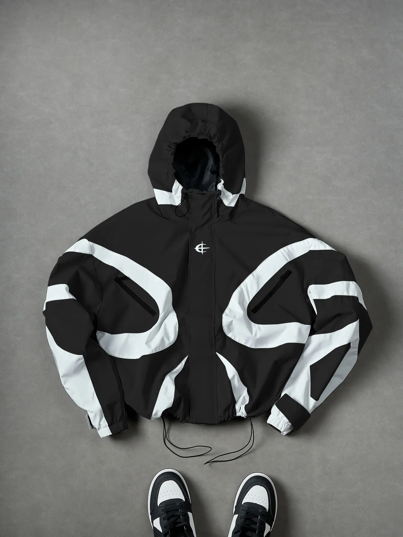Men's Navy White Color Block Hooded Windbreaker Jacket Zip-Up Streetwear Casual Athletic Coat
