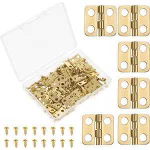 Copper Plated Cabinet Drawer Butt Hinges, 60 PCS 14 x 12 mm Mini Hinges, Small Hinges For Wooden Box, 180 Degree Rotation Hinges With Screws, Miniature Furniture Accessories (Gold)