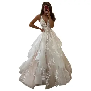 BEAUTFOR Simple Lace Appliqued Tulle Wedding Dresses for Bride 2024 Beach A Line Sleeveless Wedding Bridal Gowns Ivory US Size 6