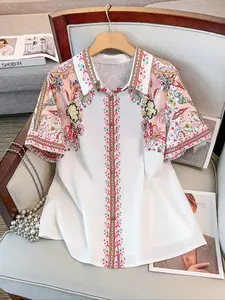 Plus Size Women's Ethnic Style Woven Floral Printed Short Sleeve Shirt, Casual Loose-Fitting Blouse, Summer Fashion Top for Daily Wear