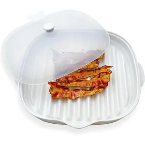 Microwave Bacon Cooker Tray, Microwavable Bacon Grill with Splatter Lid, Make Crispy in Minutes, Length:9inch (White)