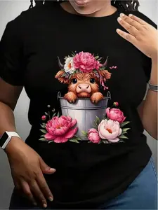 This Highland Cow Graphic Tee Features a Breathable, Lightweight Design with Short Sleeves And a Crew Neck.It Showcases an Adorable Scottish Cow Adorned with Flowers And Hearts, Making It a Perfect Unisex Casual Shirt for Birthdays, Halloween