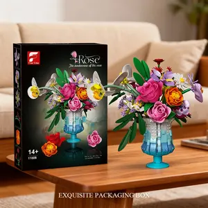 956+pcs Ice Blue Bouquet Building Blocks Decorations, Flower Vase Set, Elegant Romantic Vibrant Faux Flowers Realistic Faux Flowers Home Desktop Decoration