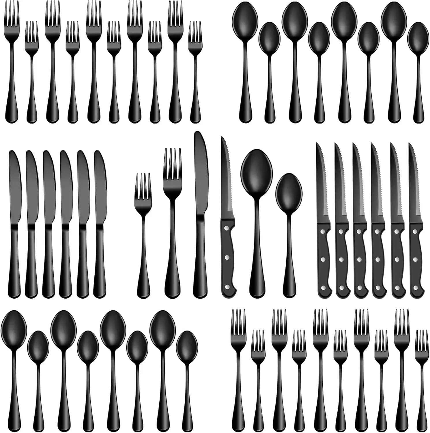 Stainless Steel Flatware 408 Set, 24-Piece 4-Person Cutlery Set (Silver/Black), Includes Knife, Fork, Spoon, Mirror-Polished, Ideal for Holiday Gifting