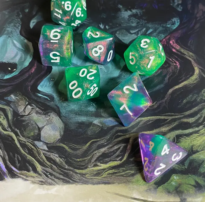 "Find the Path" Green & Purple Blend Glittering Dice Set-  7-Piece Acrylic RPG Dice with Bag – DnD, Dungeons and Dragons, TTRPG