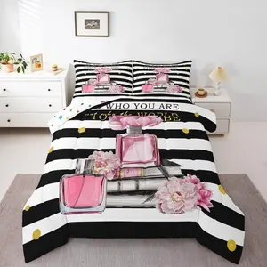Pink Floral Comforter Set,Girls Kids Teens Girly Cute Modern Fashion Bedding Set,Boho Black and White Striped Down Comforter,Inspiring Quilt