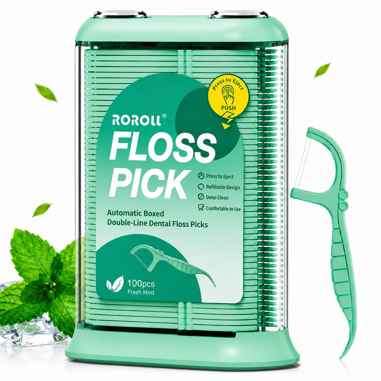 Glex Automatic Box Dental Floss Pick Multi-Pack (300 Pieces, Mint Flavor) - Press to pop up,Dentist-Designed Eco-Friendly Oral Care to Remove Plaque ,healthy teeth, Interdental Cleaning Tool, Refillable Reusable Dispenser with Free Refill Gift summeressen