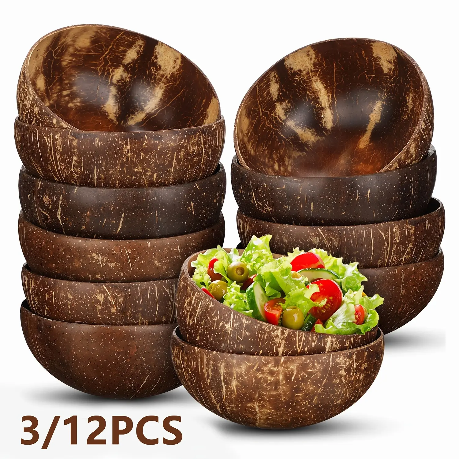 Coconut Shell Bowls Polished Wooden Bowls Natural Smoothie Acai Bowls Salad Bowls for Smoothie, Acai, Fruit, Salad & Yogurt - Perfect Decorative And Serving Bowls, Vegan Gifts Kitchen Decorcc, Rustic Kitchen Decor (3/12pcs, Polished)