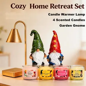 Cozy Home Retreat Set: Garden Gnome & Candle Warmer Lamp & 4 Scented 3Wick Candles Peach Perfume Aroma Decor Light Ornaments Gift Decoration