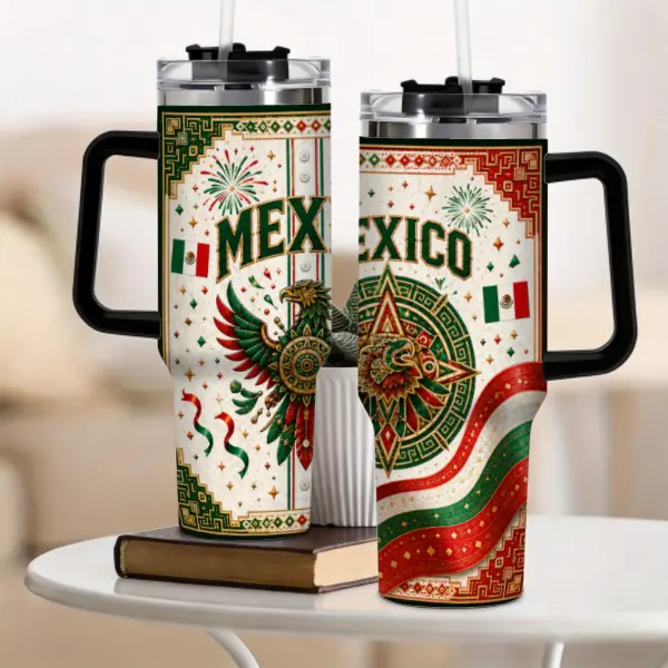40oz Sturdy Heat-Resistant Insulated Stainless Steel Flask - Mexico-Inspired White Fiesta Drink Mug with Handle, Engraved Aztec Eagle Calendar, Mexican Flag Wave, Printed Firework Designs, Straw, Lid (Soccer Fan Gift)