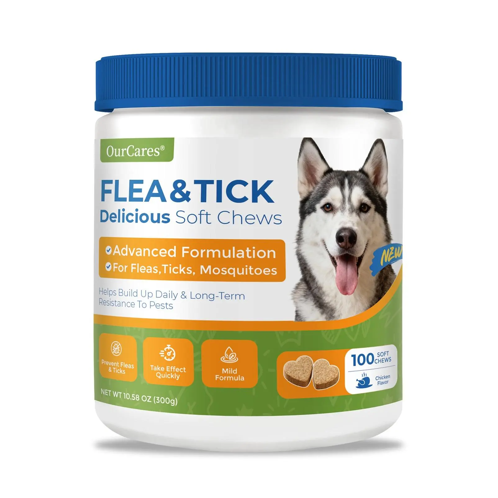 OURCARES Bites Prevention Soft Chew Dog Treats - Natural Chicken Flavor, 100 Count, Plant-Based Supplements with Probiotics, Coconut Oil, Flaxseed, Garlic Powder, Vitamin B12 for All Breeds, Flea & Tick Protection, Healthy Coat, Puppy Chews