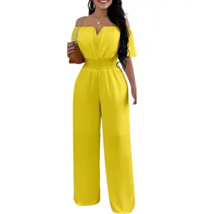 2025 Off-Neck Waist-Trimming Loose Straight Jumpsuit for Women, V-Neck, Versatile Workwear/Casual Everyday Wear, Solid Color