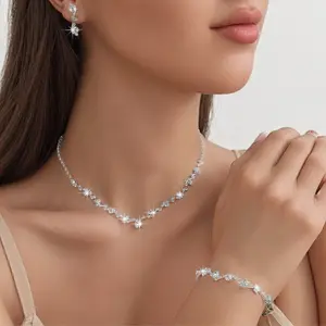 Women’s Adjustable Necklace Bracelet Earrings Set - 3Pc Crystal Bridal Wedding Jewelry for Bride Bridesmaid Prom Party Formal Accessories, Lightweight Sparkling Cubic Zirconia Jewelry Sets for Women