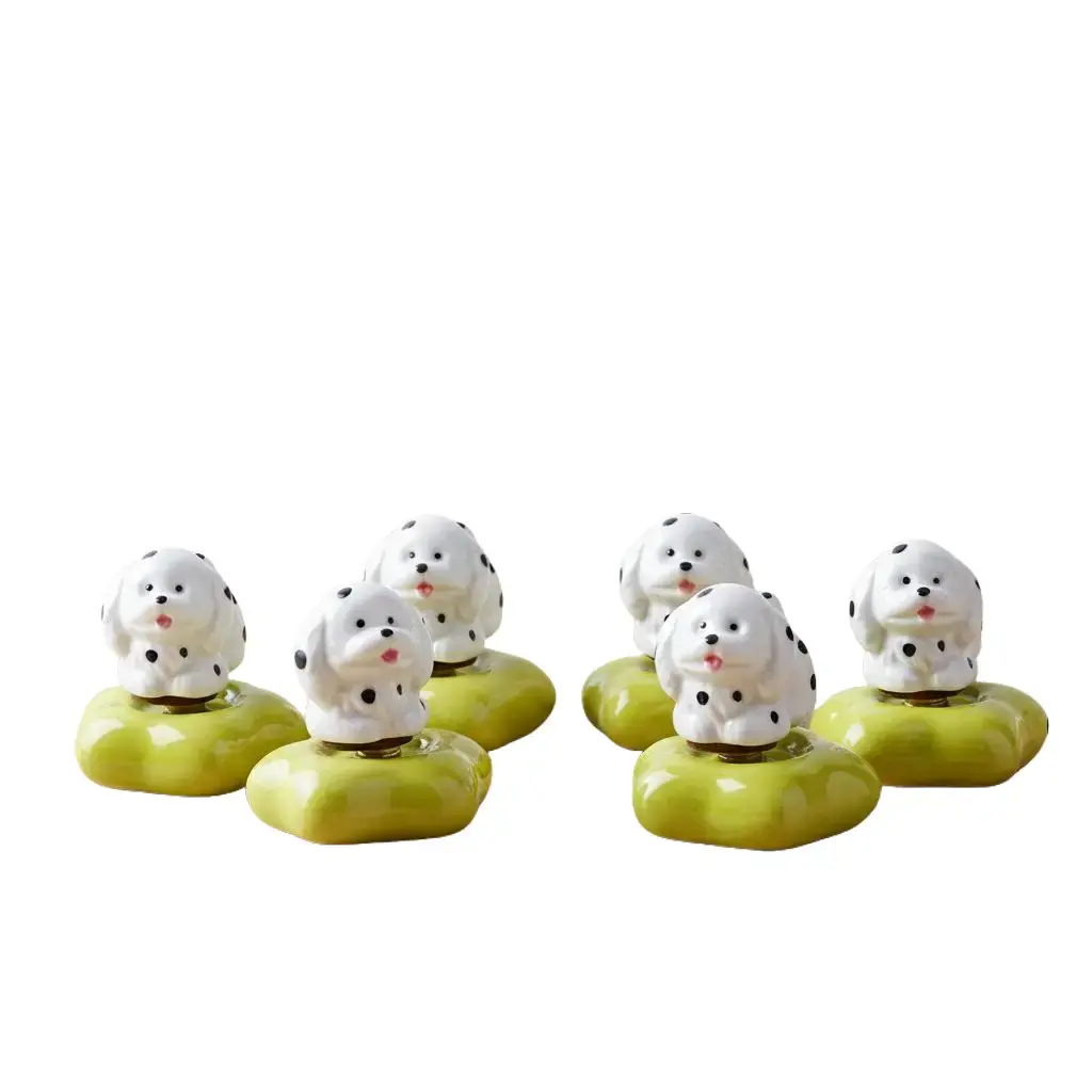 Handmade Ceramic White Puppy Spinner with Black Spots Adorable Decorative Figurine for Home Decor