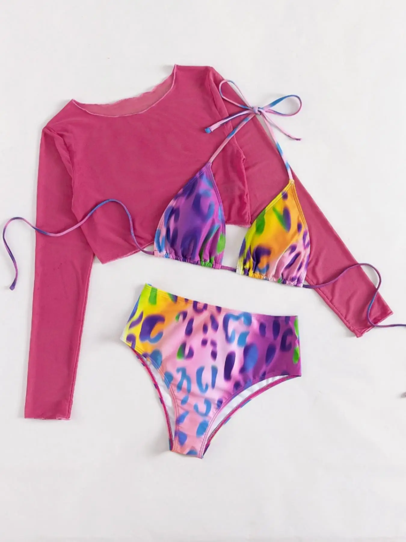 Three-Piece Set Women's All Over Print Tie Back Bikinis for Summer 2024, Chic Long Sleeve Crop Cover Up Tee & Triangle Swim Bra & Swim Panty, Ladies S