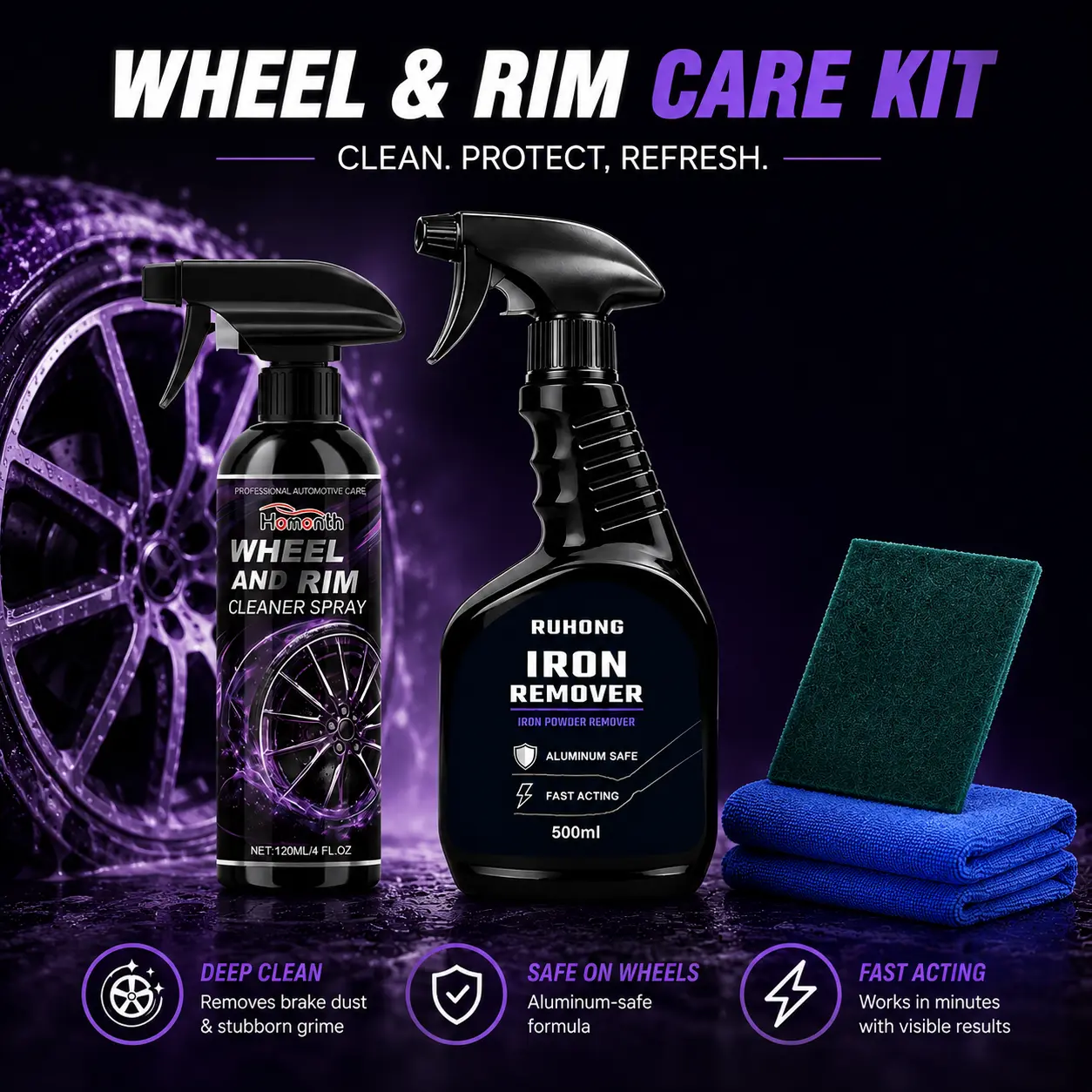 Automotive Rust Remover Spray Fast Acting Iron Cleaner for Wheels Rims Removes Brake Dust Restores Metal Surfaces Acid Free Car Detailing Kit for All Vehicles