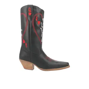 Dingo Womens Queen A Hearts Embroidered Round Toe Pull On Casual Boots Mid Calf Mid Heel 2-3" - Black