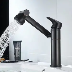 1080° Rotating Basin Faucet, Waterfall Bathroom Faucet in Stainless Steel, Hot and Cold Water Mixer with Adjustable Kitchen Tap and 2 Hoses, Modern Bathroom Essential