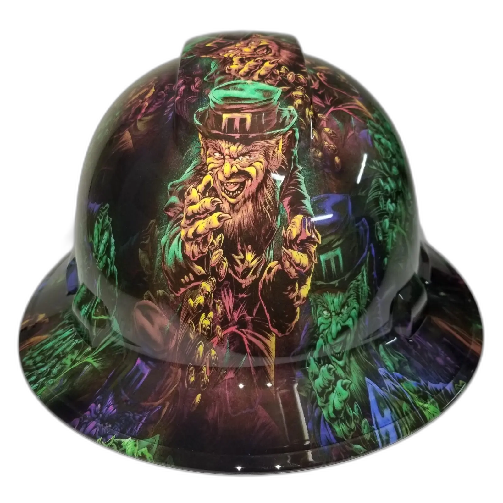 Dark Leprechaun Gold Coins Art - Custom Hydro Dipped Full Brim Hard Hat
