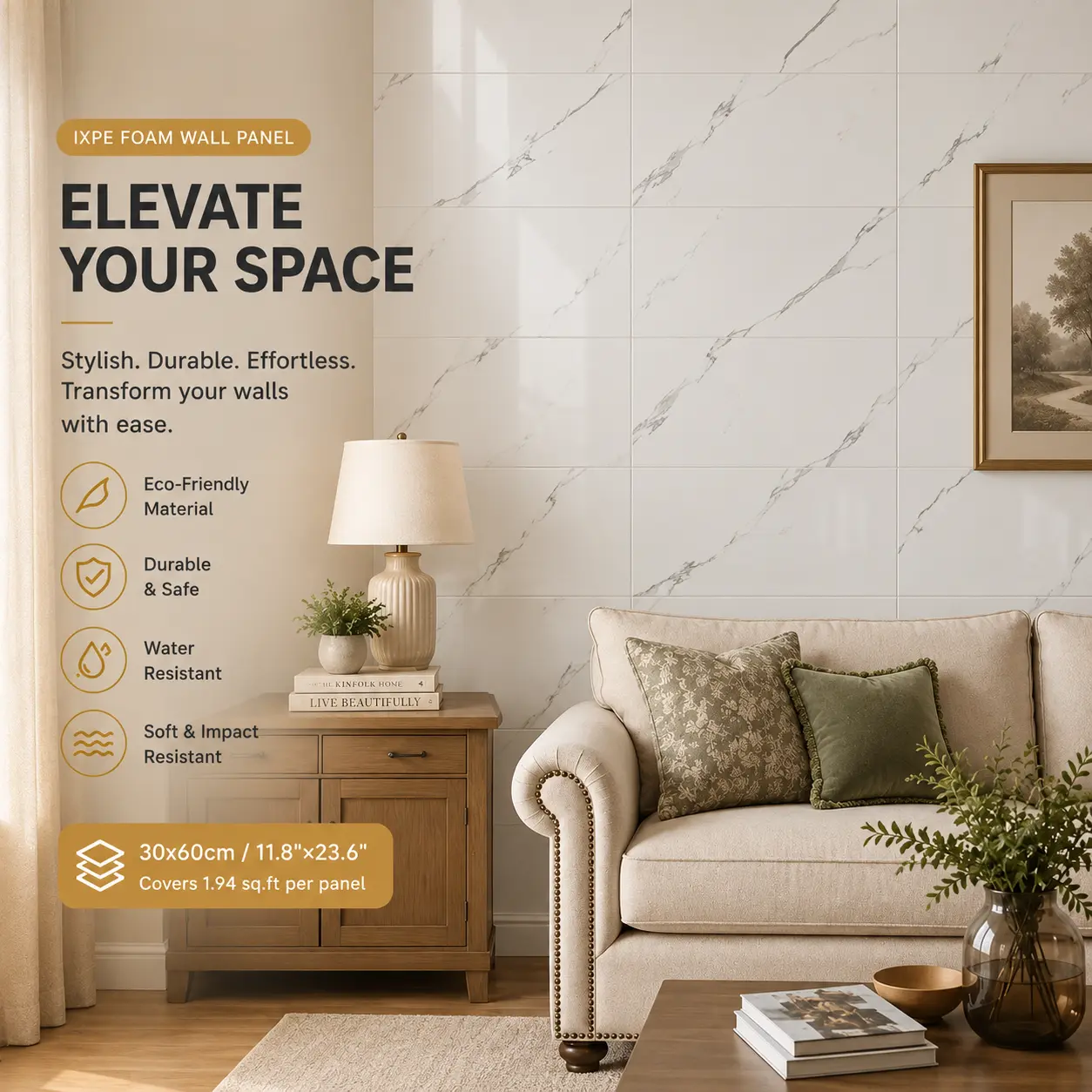 LCC Peel and Stick Wall Panels, 23.6 x 11.8 in, 2.5mm Thick IXPE Marble-Look Decorative Panels, Self-Adhesive Wall Panels for Kitchen Backsplash, Bathroom, Living Room & Bedroom
