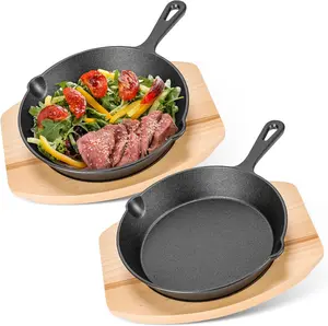 2 Sets Cast Iron Fajitas Skillet Set 7.87 Inch Sizzling Plate with Wooden Base Cast Iron Plate Pan for Home Kitchen Barbecue Party Chef Restaurant Catering Service
