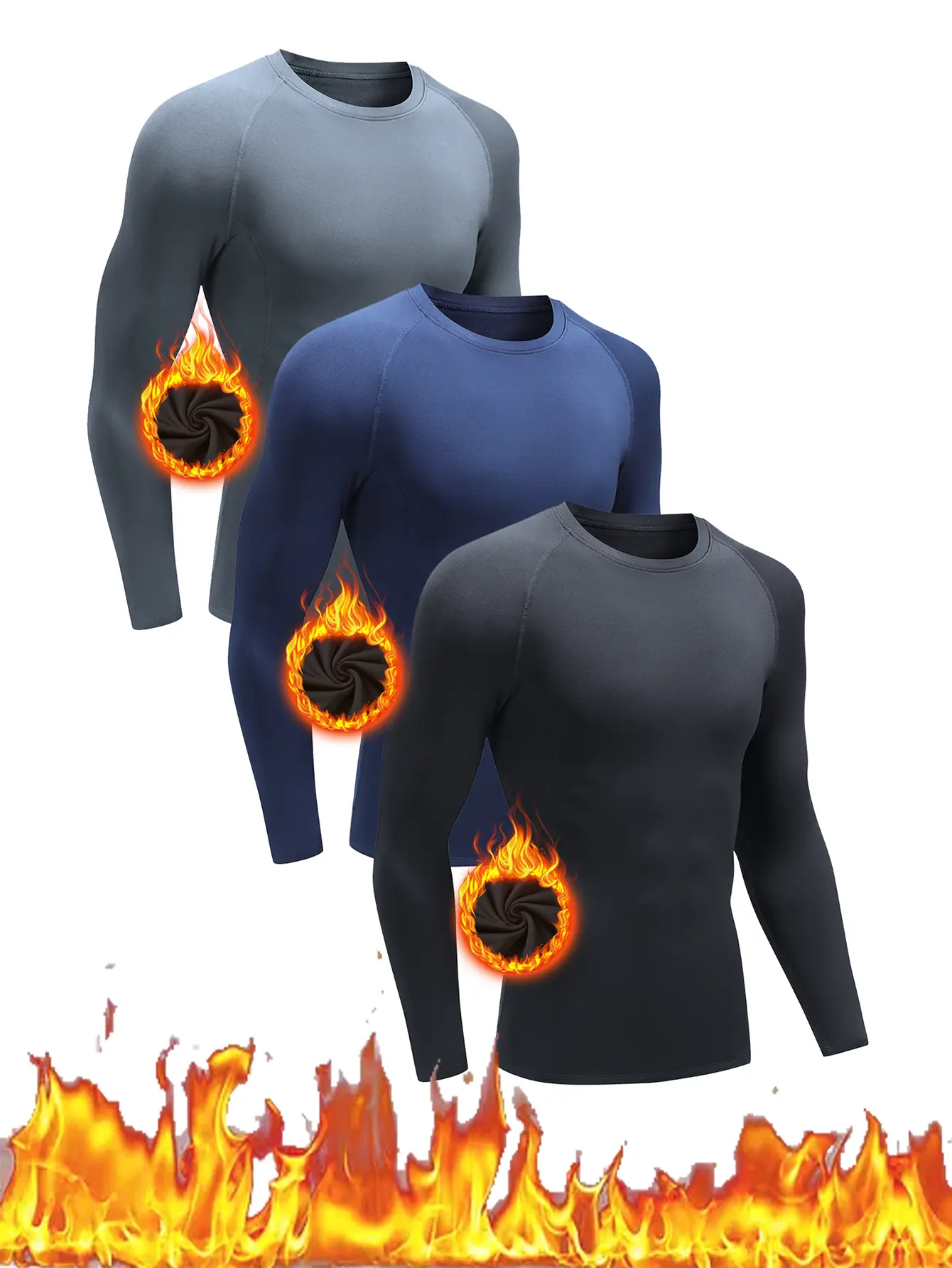 Men's 3PCS Compression Sportswear Set, Elastic Long Sleeve Polyester Crew Neck Base Layer for Warmth & Fitness, Fitted Sportswear, Elastic Breathable Sportswear