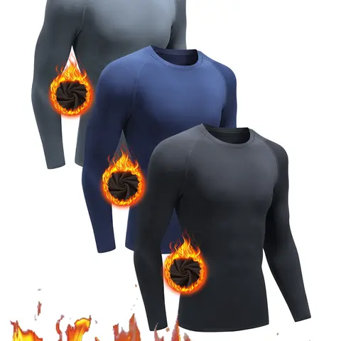 Men's 3PCS Compression Sportswear Set - Elastic Breathable Polyester Long-Sleeve Crew Neck Base Layer, Fitted Thermal Underwear for Warmth, Running, 3 Tops for Workouts