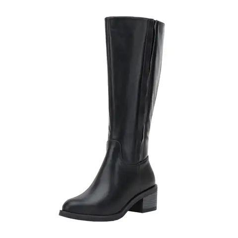 [Exclusive] Vepose Women's Stylish Synthetic Faux Leather Block High Heels - Slip-On Black Formal Above-the-Ankle Below-the-Knee Riding Shoes with Side Elastic, Comfortable Walking Shoes for Women