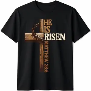 Cotton Short Sleeve  T-Shirt Easter Cross He Is Risen Jesus Christian Men Kid Youth T-Shirt