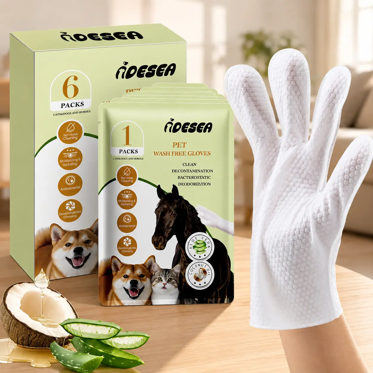 Pet Cleaning Glove Wipes for Dogs and Cats, Glove-Style Pet Grooming Wipes for Quick Everyday Cleanup at Home or on the Go, 6 Count