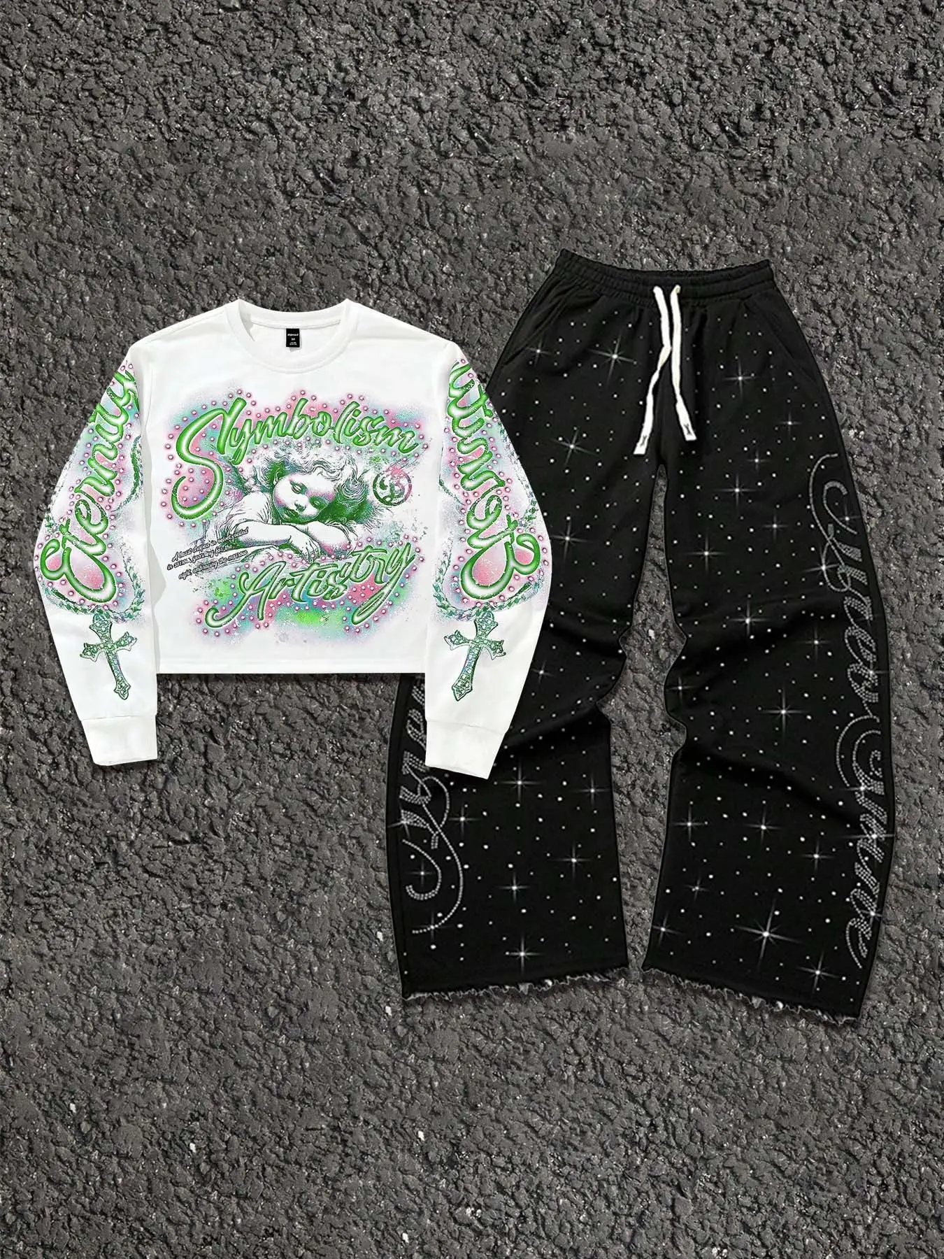 Men's Y2K Rhinestone Angel Print Set, Two Piece Set, Matching Outfits Set, Menswear Fitted Long Sleeve Top + Wide Leg Pants, Fashionable Stylish Streetwear, Spring & Fall, Outfit