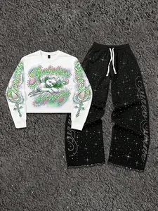 Men's Y2K Rhinestone Angel Print Set, Fitted Long Sleeve Top + Wide Leg Pants, Fashionable Streetwear, Spring & Fall