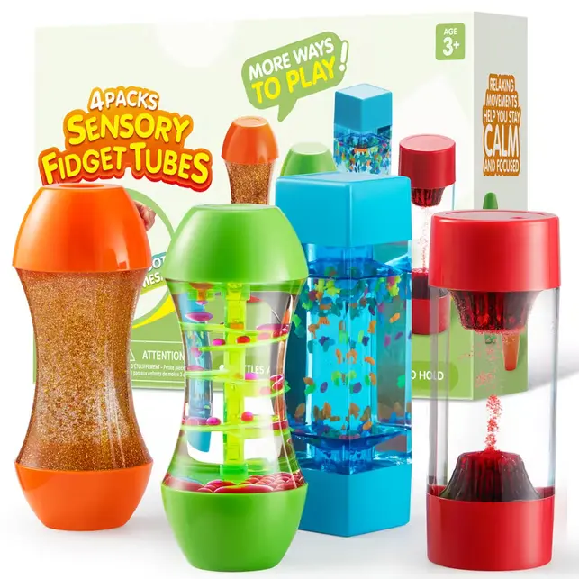 4-Pack Sensory Fidget Tubes for Kids | Colorful Sensory Play Tubes for Quiet Time, Classroom Activities, Travel, Preschool Learning & Stress Relief Toy Set