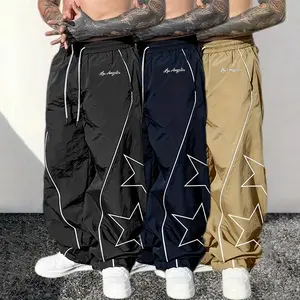 Men’s 3-pack wide-leg athletic pants, lightweight breathable fabric, reflective star stripe design, loose fit that doesn’t constrict, suitable for morning runs/workouts, everyday casual wear, and commuting outfits.