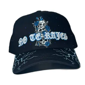 NO TE RAJES SKULLS BLACK & BLUE 5 Panel Adjustable Luxury Cotton Cap with Satin Interior Snapback Closure for Sports & Outdoor Activities