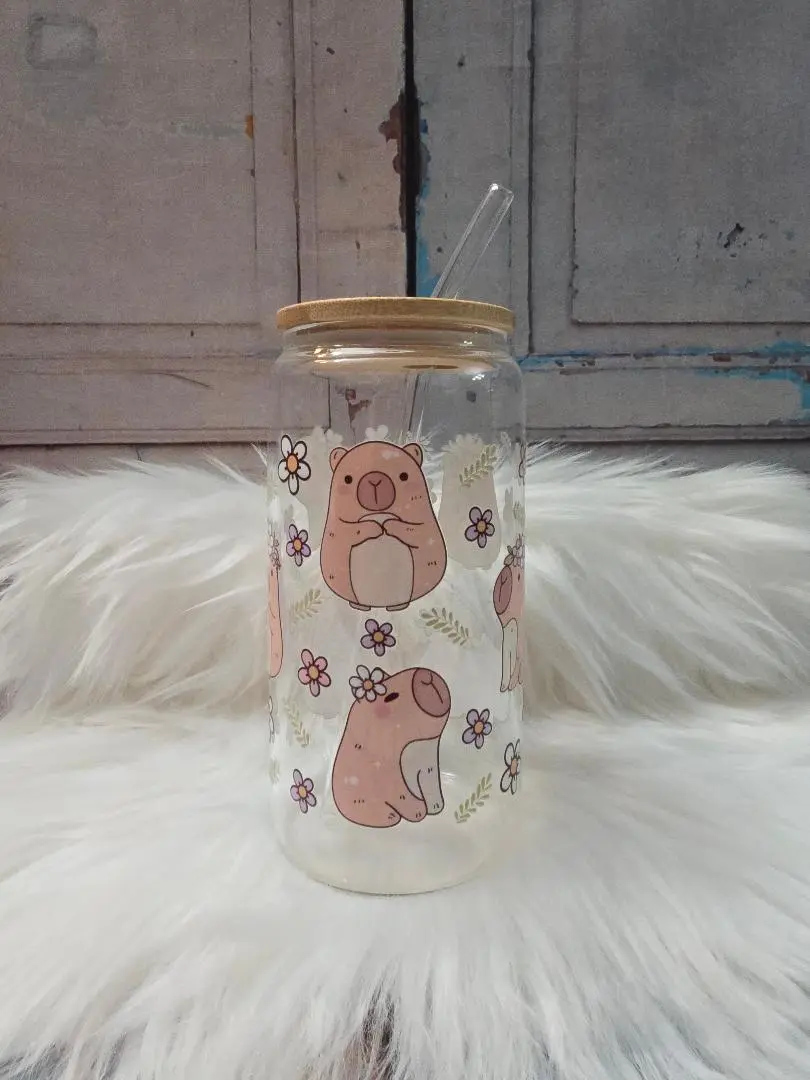 Capybara with Flowers Glass Cup | 16oz Beer Can Glass with Lid and Glass Straw | Glass Coffee Cup | Glass Tumbler Coffee Cup