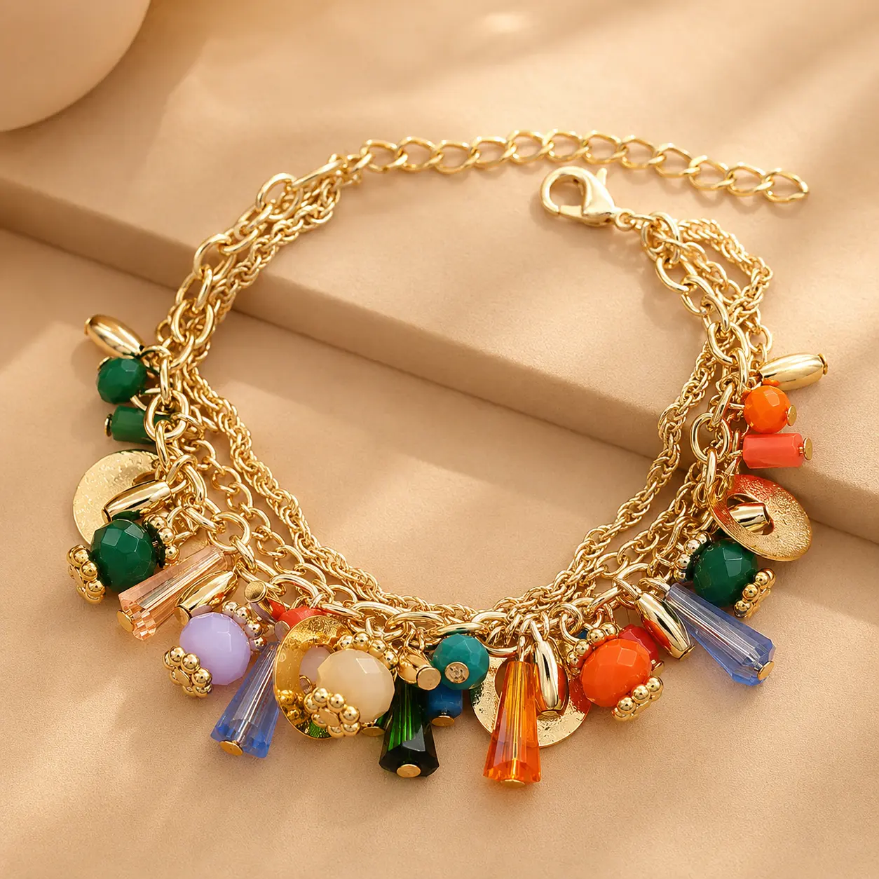 Layered Multi-Chain Charm Bracelet for Women, Gold Tone Statement Jewelry with Colorful Faceted Beads and Dangle Charms, Adjustable Size for Party & Daily Wear, Alloy Beads, Stacked