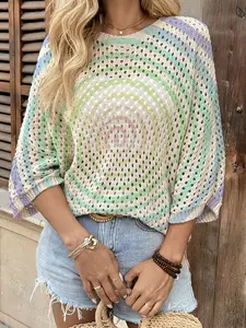 Spring Summer Women's Hollow Out Batwing Sleeve Knit Top, Round Neck Striped Print, Casual Elegant Commuter Wear, Boho Beach Cover-Up, Knitwear, Womenswear