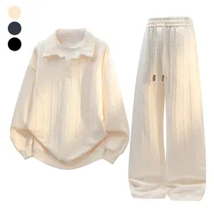 2 Piece Sweatsuits Men's Casual Sports Suit Jacquard Texture Long Sleeve Sweatshirt Set Plus Size Everyday Wear Drawstring Waist Fake Collar Top Athleisure Style men 2 piece sets