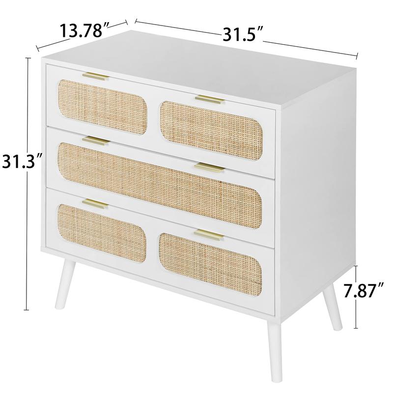 Giratree 3 Drawer Dresser, Modern Rattan Dresser Chest with Wide Drawers and Metal Handles, Farmhouse Wood Storage Chest of Drawers for Bedroom, Living Room, Hallway, Entryway