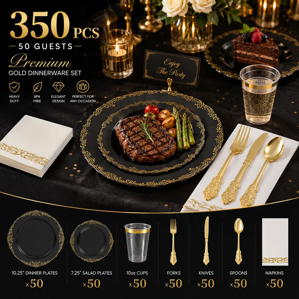 350PCS Disposable Tableware Set - Strong Plastic Black & Pink Plain Plates, Cups, Cutlery, Elegant Look, Everyday Use, Outdoor Event Ready, Convenient for Above 11 People, Wedding Supplies, All-Disposable Dinner Sets, Campfire / Bbq Party